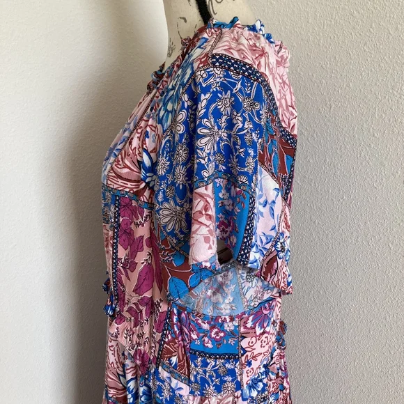 By Anthropologie Robin Tiered Mini Dress L Boho Floral Festival Flowy Patchwork - Picture 14 of 17